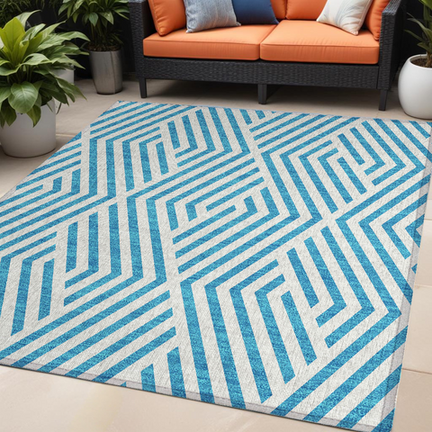 5' X 8' Teal and White Geometric Washable Non Skid Indoor Outdoor Area Rug