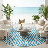 8' Round Teal and White Round Geometric Washable Non Skid Indoor Outdoor Area Rug