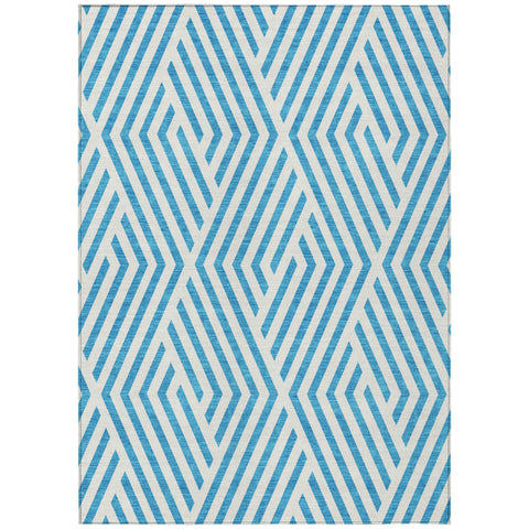 8' X 10' Teal and White Geometric Washable Non Skid Indoor Outdoor Area Rug
