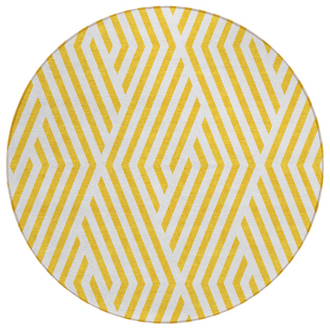 8' Round Gold and White Round Geometric Washable Non Skid Indoor Outdoor Area Rug