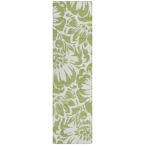 8' Runner Green and Ivory Floral Washable Non Skid Indoor Outdoor Runner Rug