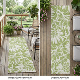 8' Runner Green and Ivory Floral Washable Non Skid Indoor Outdoor Runner Rug