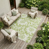 8' X 10' Green and Ivory Floral Washable Non Skid Indoor Outdoor Area Rug