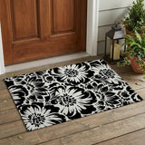 2' X 3' Black and Ivory Floral Washable Non Skid Indoor Outdoor Area Rug