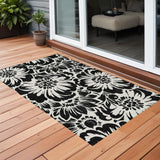 3' X 5' Black and Ivory Floral Washable Non Skid Indoor Outdoor Area Rug