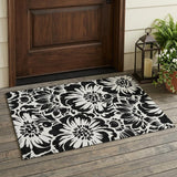 3' X 5' Black and Ivory Floral Washable Non Skid Indoor Outdoor Area Rug