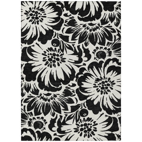 5' X 8' Black and Ivory Floral Washable Non Skid Indoor Outdoor Area Rug