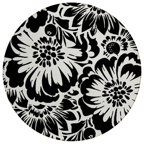8' Round Black and Ivory Round Floral Washable Non Skid Indoor Outdoor Area Rug