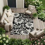 8' X 10' Black and Ivory Floral Washable Non Skid Indoor Outdoor Area Rug