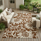 8' X 10' Brown and Ivory Floral Washable Non Skid Indoor Outdoor Area Rug