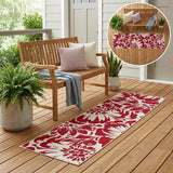 8' Runner Burgundy and White Floral Washable Non Skid Indoor Outdoor Runner Rug