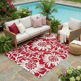 5' X 8' Burgundy and White Floral Washable Non Skid Indoor Outdoor Area Rug