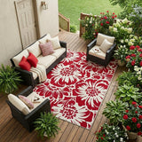 8' X 10' Burgundy and White Floral Washable Non Skid Indoor Outdoor Area Rug