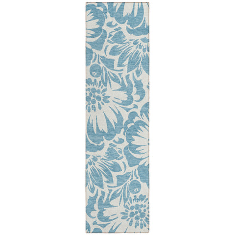 8' Runner Denim and Ivory Floral Washable Non Skid Indoor Outdoor Runner Rug