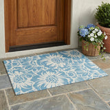 3' X 5' Denim and Ivory Floral Washable Non Skid Indoor Outdoor Area Rug