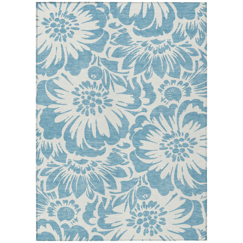 5' X 8' Denim and Ivory Floral Washable Non Skid Indoor Outdoor Area Rug