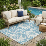 5' X 8' Denim and Ivory Floral Washable Non Skid Indoor Outdoor Area Rug