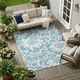 8' X 10' Denim and Ivory Floral Washable Non Skid Indoor Outdoor Area Rug