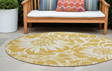 8' Round Gold and White Round Floral Washable Non Skid Indoor Outdoor Area Rug