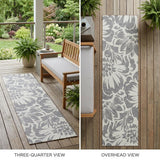 8' Runner Gray and Ivory Floral Washable Non Skid Indoor Outdoor Runner Rug