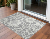 3' X 5' Gray and Ivory Floral Washable Non Skid Indoor Outdoor Area Rug
