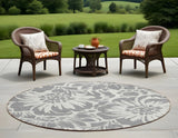 8' Round Gray and Ivory Round Floral Washable Non Skid Indoor Outdoor Area Rug