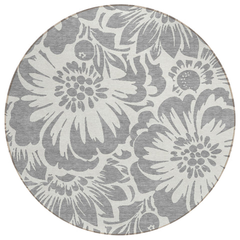 8' Round Gray and Ivory Round Floral Washable Non Skid Indoor Outdoor Area Rug
