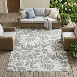8' X 10' Gray and Ivory Floral Washable Non Skid Indoor Outdoor Area Rug