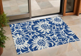 2' X 3' Navy and Ivory Floral Washable Non Skid Indoor Outdoor Area Rug
