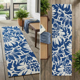 8' Runner Navy and Ivory Floral Washable Non Skid Indoor Outdoor Runner Rug