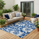 5' X 8' Navy and Ivory Floral Washable Non Skid Indoor Outdoor Area Rug