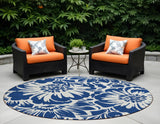 8' Round Navy and Ivory Round Floral Washable Non Skid Indoor Outdoor Area Rug