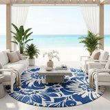 8' Round Navy and Ivory Round Floral Washable Non Skid Indoor Outdoor Area Rug