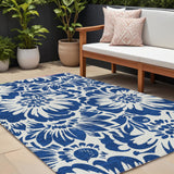 8' X 10' Navy and Ivory Floral Washable Non Skid Indoor Outdoor Area Rug