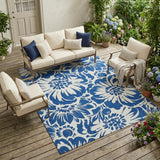8' X 10' Navy and Ivory Floral Washable Non Skid Indoor Outdoor Area Rug