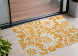 3' X 5' Orange and White Floral Washable Non Skid Indoor Outdoor Area Rug