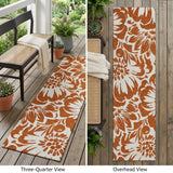 2' X 8' Rust and Ivory Floral Washable Non Skid Indoor Outdoor Runner Rug