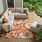 8' X 10' Rust and Ivory Floral Washable Non Skid Indoor Outdoor Area Rug