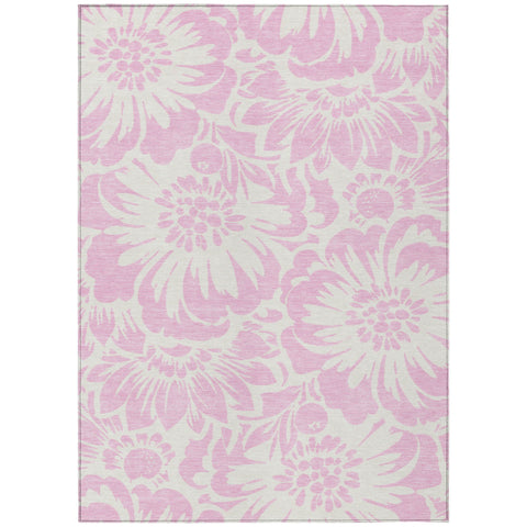 5' X 8' Pink and Ivory Floral Washable Non Skid Indoor Outdoor Area Rug
