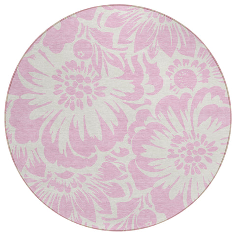 8' Round Pink and Ivory Round Floral Washable Non Skid Indoor Outdoor Area Rug
