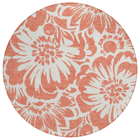 8' X 8' Salmon and Ivory Round Floral Washable Non Skid Indoor Outdoor Area Rug