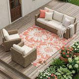 8' X 10' Salmon and Ivory Floral Washable Non Skid Indoor Outdoor Area Rug