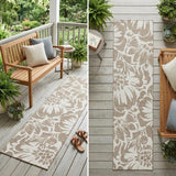 2' X 8' Taupe and Ivory Floral Washable Non Skid Indoor Outdoor Runner Rug