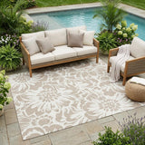 5' X 8' Taupe and Ivory Floral Washable Non Skid Indoor Outdoor Area Rug