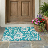 2' X 3' Teal and Ivory Floral Washable Non Skid Indoor Outdoor Area Rug