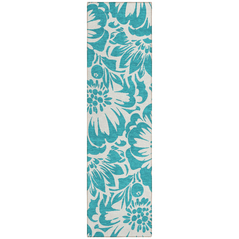 2' X 8' Teal and Ivory Floral Washable Non Skid Indoor Outdoor Runner Rug