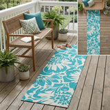 2' X 8' Teal and Ivory Floral Washable Non Skid Indoor Outdoor Runner Rug