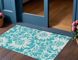 3' X 5' Teal and Ivory Floral Washable Non Skid Indoor Outdoor Area Rug