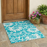 3' X 5' Teal and Ivory Floral Washable Non Skid Indoor Outdoor Area Rug