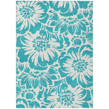 3' X 5' Teal and Ivory Floral Washable Non Skid Indoor Outdoor Area Rug